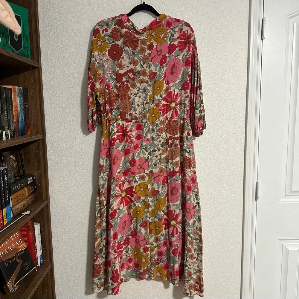 Floral Print‎ Maxi Dress L Long Sleeve V Neck Lined Boho Hippie